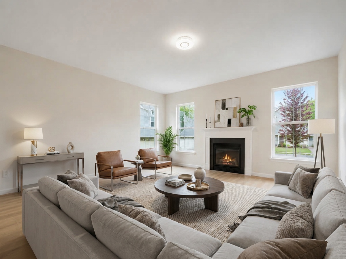 Empty living room before and after Modern AI virtual staging after