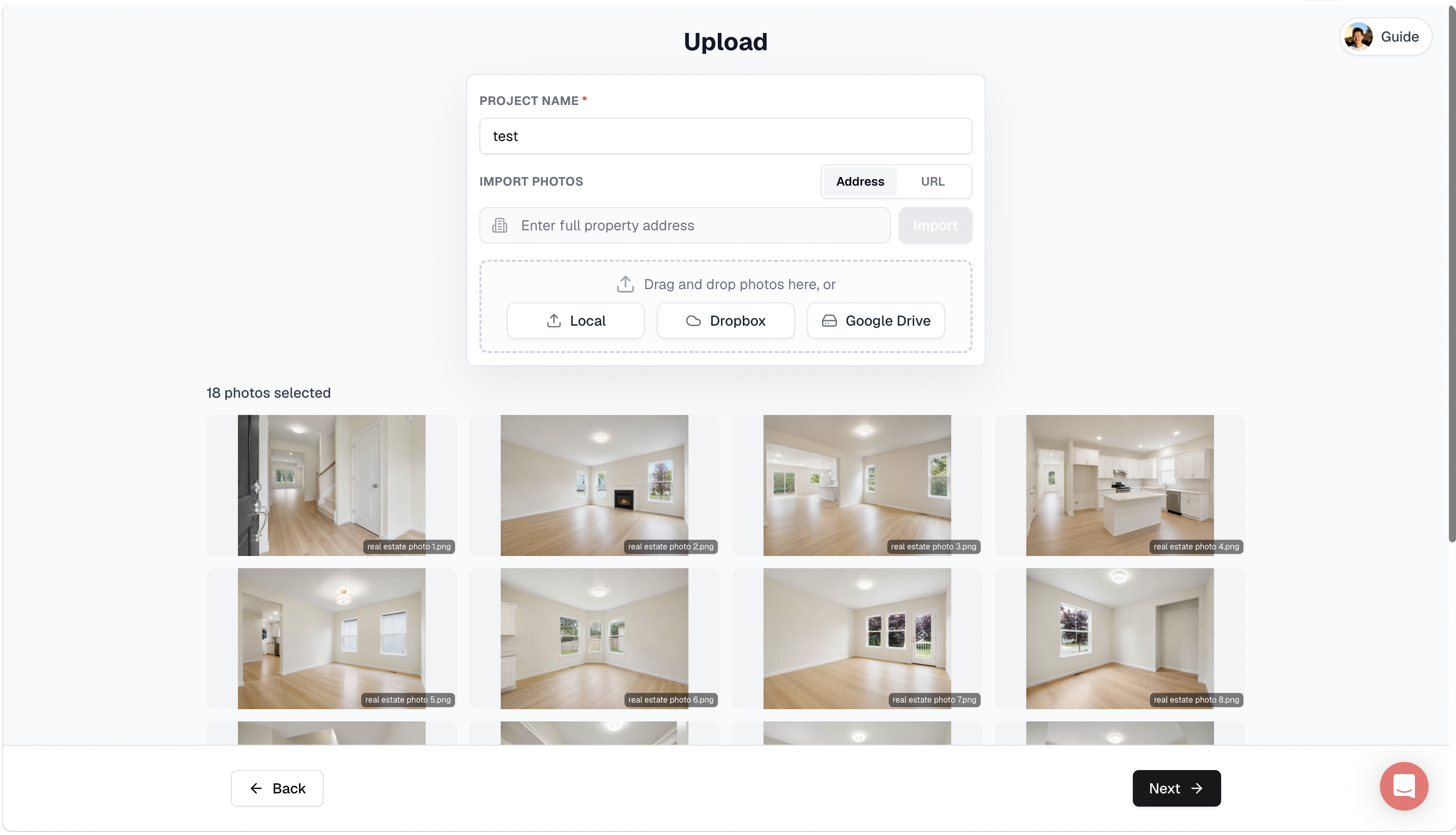 VideoGuru upload screen with a set of real estate listing photos